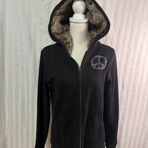 Old Navy Black Vintage Peace Logo Faux Fur Hoodie